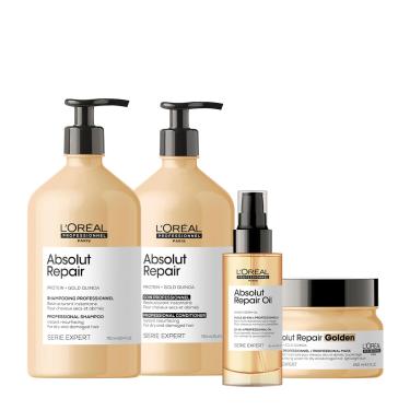 Imagem de Kit L'oréal Professionnel Absolut Repair Gold Quinoa Protein Shampoo Condicionador Máscara E Óleo (4 Produtos)