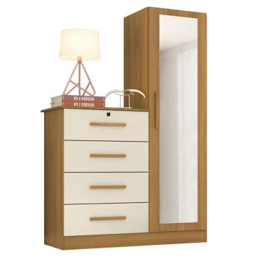 Imagem de Cômoda Belize 4 Gavetas 1 Porta com Espelho Albatroz Cor Carvalho Off White