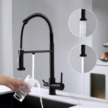 Imagem de KINKIB Torneira de cozinha 3 em 1 com torneira de água potável, torneira de cozinha com torneira de filtro de água, torneira de cozinha de arco alto de furo único de alça dupla, preto fosco