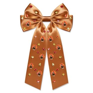 Imagem de Laços de cabelo de ação de graças para mulheres, outono, outono, cabelo, presilhas de cabelo devoram peru folha de bordo laços de cabelo laranja grandes fitas de cabelo de cetim laços laços de ação de