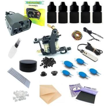 Imagem de Kit Tatuagem Tattoo Maquina Bobina Completo 5 Tintas - Caverna do Rock