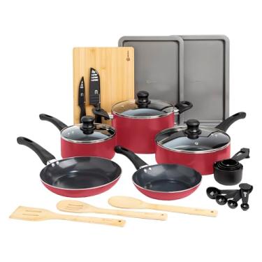 Imagem de Conjunto de panelas e panelas para lava-louças Ecolution, fácil de limpar, antiaderentes, com panela de biscoito e utensílios de cozinha de madeira de bambu, Vermelho, 20pc Cookware Set, 1