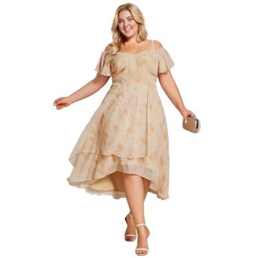 Imagem de Ever-Pretty Vestido feminino plus size com babados e ombros de fora, cintura império, evasê, chiffon, verão, casamento, convidada 02103-DA, Rosas douradas, 17