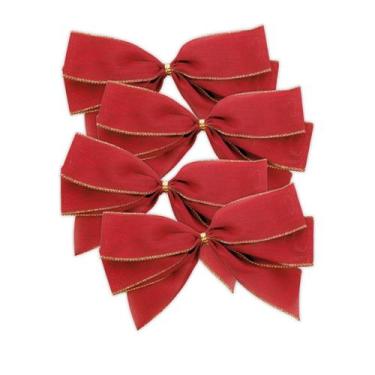 Imagem de Kit Laços Natal Veludo Vermelho Dourado 25cm - 4 Unidades - Cromus