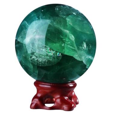 Imagem de Rockcloud Bola de cristal de fluorita natural com suporte de resina, escultura de bola decorativa de esfera de cristal polido para meditação Fengshui decoração de casa, 6 a 7 cm