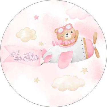 Imagem de Painel De Festa Redondo 1,50x1,50 - Ursinha Aviadora Rosa e Bege 080 -