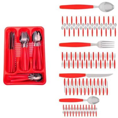 Imagem de Kit Faqueiro Inox Berlim 96 Pçs C/ 4 Porta Talheres Vermelho - EM CASA