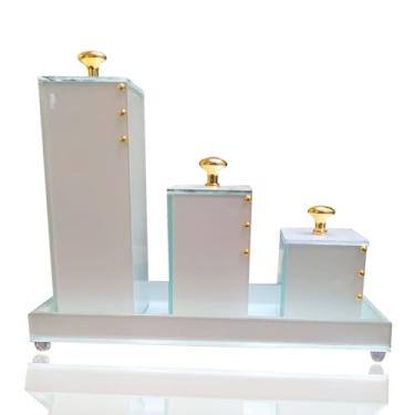 Imagem de Kit Lavabo Com Bandeja Vidro Luxo Trio Organizador Banheiro (Branco dourado)