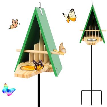 Imagem de Casa de borboleta 2024 e alimentador para fora, casa de borboleta de madeira com estaca de metal para jardim, habitat de borboleta natural com pufe de borboleta no chão ou pendurado na parede de