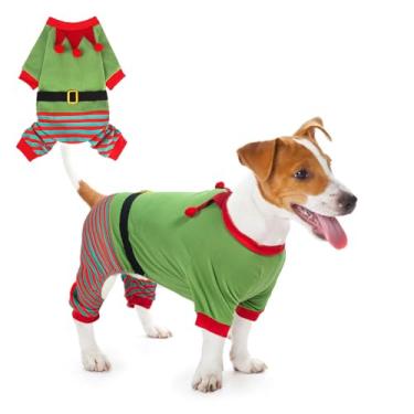 Imagem de SCENEREAL Pijama de suéter de Natal para cães, fantasia engraçada de elfo para cães grandes, médios e pequenos, meninas, meninos, fantasias macias para animais de estimação, roupas quentes de inverno,