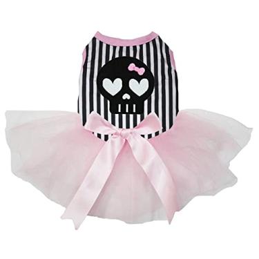 Imagem de Petitebella Vestido de cachorro preto com rosto de crânio (listras/rosa, GGG)