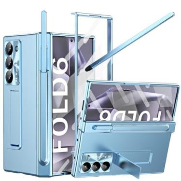 Imagem de YQODSZ Capa para Samsung Galaxy Z Fold 6 com suporte para caneta S e caneta stylus fina azul, Z Fold 6 com protetor de tela de proteção de dobradiça, suporte, tudo incluído, capa fina para Z Fold 6