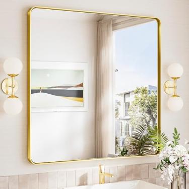 Imagem de TokeShimi Espelho de banheiro dourado escovado 91 x 91 cm, espelho quadrado para banheiro, vidro temperado, parede de espelho de banho com moldura dourada (horizontal/vertical)