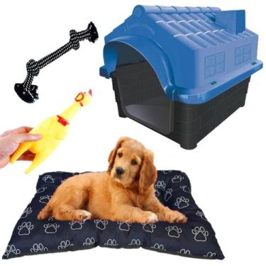 Imagem de Casa P/ Cachorro Casinha N3 Azul + Brinquedo + Colchão Preto - MecPet