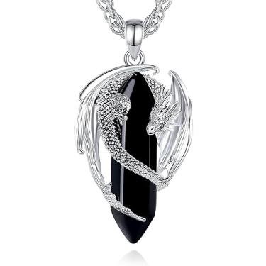 Imagem de CELESTIA Colar de dragão de cobre banhado a prata de cristal 7 chakras, quartzo rosa, turquesa, obsidiana, ametista, malaquita, cristal branco, jade - corrente de aço inoxidável Singapura de 55 cm + 5 cm, Cobre, Obsidiana