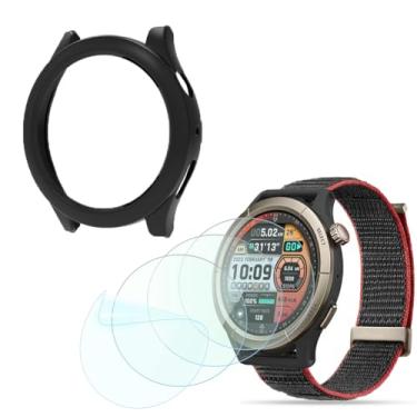 Imagem de FCMEDZI Capa protetora para relógio inteligente e película compatível com Amazfit Cheetah Pro, protetor de tela de vidro temperado e capa rígida de PC (pacote com 3 + 1) (preto)