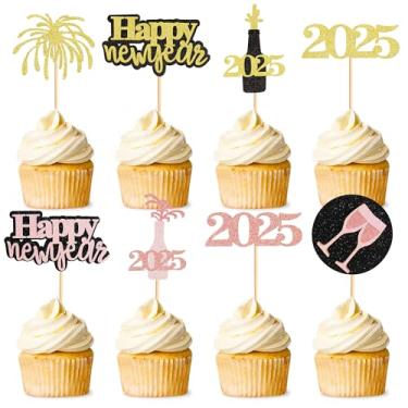 Imagem de 24 peças de topo de cupcake de ouro rosa e ouro com glitter, feliz ano novo, ouro rosa 2025, topo de cupcake dourado e preto Cheers to 2025 palhetas de bolo para decoração de festa de véspera de ano