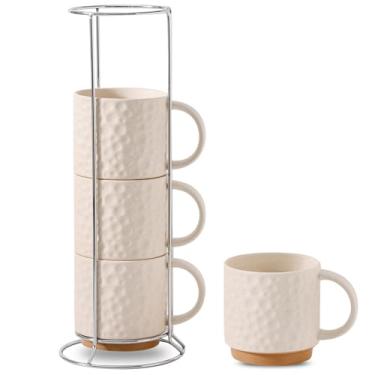 Imagem de Nihow Conjunto de 4 canecas de café de cerâmica empilháveis de 473 ml com suporte inoxidável, conjunto de xícaras grandes para cappuccino, chá, bebidas quentes/frias, seguro para lava-louças e