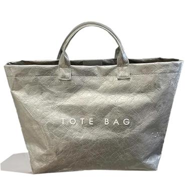 Imagem de LIERWOI Sacola de PVC feminina de papel kraft grande, bolsa de papel moderna, com estampa de letras, alça superior, Prata, One Size