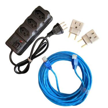 Imagem de Kit filtro linha 3 tomadas + cabo de rede 10m + 2 adaptadores - HAUSDE