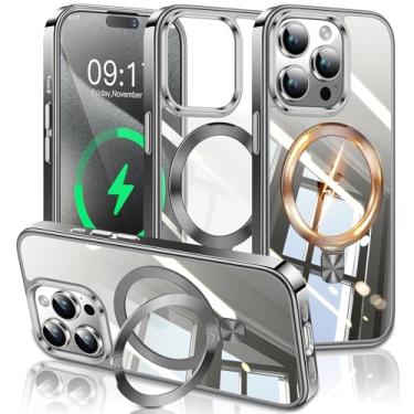 Imagem de ESTPEAK Capa cinza titânio CD Mag-Stand para iPhone 15 Pro Max com anel magnético invisível, [apto para MagSafe] [nunca amarela] Capa de telefone transparente para iPhone 15 ProMax 6,7 polegadas