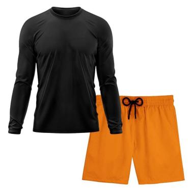 Imagem de Kit Short Praia Academia Passeio Treino Laranja + Manga Longa Masculina Segunda Pele Dry-Masculino