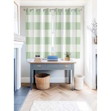 Imagem de Cortinas blecaute xadrez branco verde sálvia búfalo 153 cm comprimento 2 painéis, cortina de janela superior xadrez rústica para quarto/cozinha, cortinas geométricas modernas com isolamento térmico