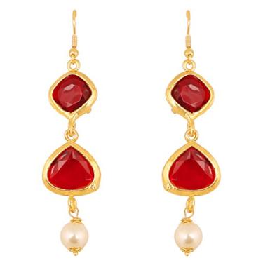 Imagem de Brincos de pendurar em tom dourado com pérolas falsas em rubi vermelho vermelho e formato de coração em formato de quadrado de bollywood indiano Touchstone.