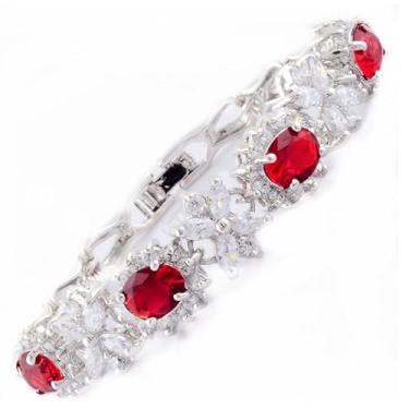 Imagem de RIZILIA Pulseira de tênis BLOSSOM com corte oval CZ [4 cores disponíveis] em banhado a ouro branco, 17,78 cm, 7 inches, Rubi artificial