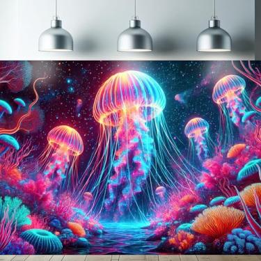 Imagem de Starlit Patio Tapeçaria de medusa do mar fantasia luz negra UV reativo brilhante tapeçaria colorida oceano neon fluorescente tapeçaria 192 x 159 centímetros para pendurar na parede para quarto, sala