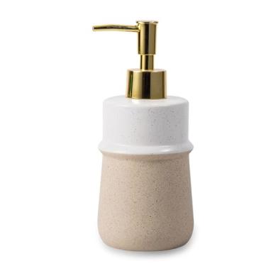 Imagem de Dispensador de sabão de cerâmica bege para cozinha, dispensador de mão recarregável com bomba de aço inoxidável à prova de ferrugem, dispensador de loção de 350 ml, banheiro para louça, sabonete para