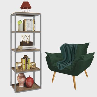 Imagem de Kit Poltrona Fatte com Manta Soft Verde e Estante Livreiro Ferro Cinza mdf Rústico Sued...