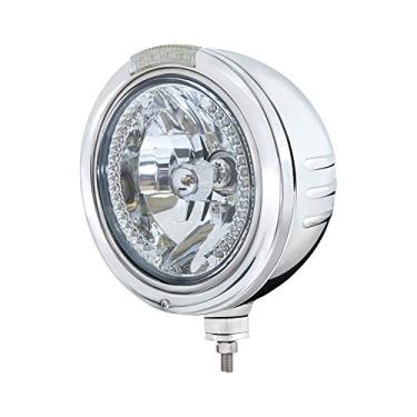 Imagem de United Pacific 32755 Faixa de farol em relevo, Rh/Lh, 18 cm, redonda, caixa polida, lâmpada H4, moldura estilo bala, com 34 luzes de posição de LED âmbar brilhante e luz de modo duplo de LED âmbar