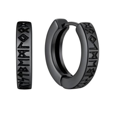 Imagem de Brincos de argola punk para homens pretos Huggie brincos masculinos de aço inoxidável nórdico viking rune argola de orelha feminina presente de festa de aniversário, Hoop Earrings, Aço inoxidável, Sem