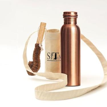 Imagem de SAJTOX Garrafa de água de cobre transparente simples grande de 946 ml, à prova de vazamento, garrafas de água de tamanho grande para água potável e benefícios de saúde ayurvédica com bolsa de lona e