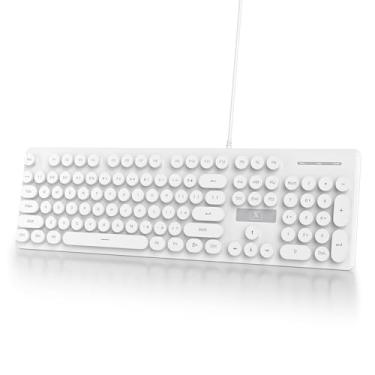 Imagem de Ussixchare Teclado de computador retrô com fio, teclado de máquina de escrever silencioso, teclados brancos bonitos iluminados com teclas redondas, retroiluminação LED, 104 teclas para PC, laptop
