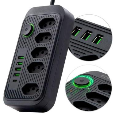 Imagem de Extensão de Tomadas Filtro de Linha 5 Tomadas + 5 USB - B-MAX