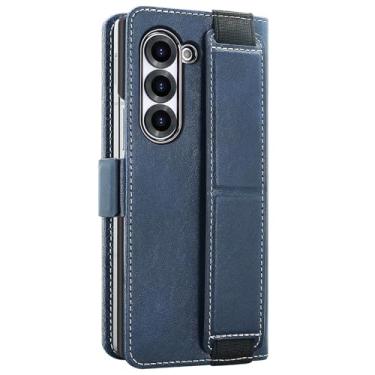 Imagem de HAO RIYLN Capa carteira para Samsung Galaxy Z Fold 6, capa de couro com fecho magnético com compartimentos para cartões, alça de pulso, capa à prova de choque, azul, ZFOLD6