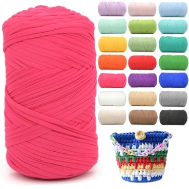 Imagem de Camiseta de 400 g para crochê, rosa choque, tecido elástico macio, grosso, fio de crochê para crochê, tricô iniciante, tricô à mão para bolsa/artesanato faça você mesmo/decoração de casa - rosa choque