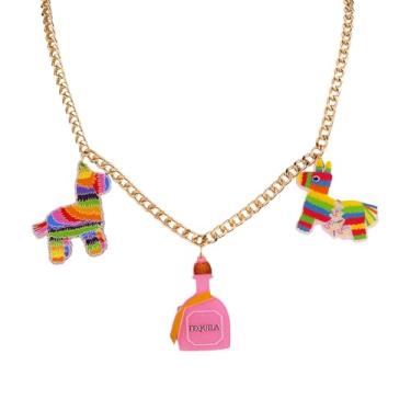 Imagem de INENIMARTJ Colar Cinco De Mayo para mulheres México Fiesta Colar Gargantilha Bonito Pimenta Sombrero Pinatas Cacto Margarita Berloques Cinco De Mayo Joias para Mulheres Acessórios Fiesta, Large, Latão