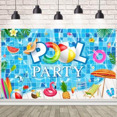 Imagem de AIBIIN Cenário de festa na piscina, decoração de verão, praia, festa, anel de natação, prancha de surfe, palmeira tropical, flamingo, fundo fotográfico, chá de bebê, aniversário, decoração de festa na