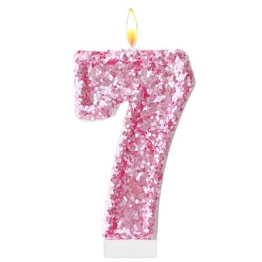 Imagem de Velas de aniversário rosa, número 7 para bolo, topo de bolo rosa com glitter, decorações de festa de aniversário de princesa, enfeite de cupcake, lembrancinhas de festa, suprimentos de decoração