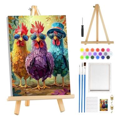 Imagem de MOGTAA Kit de pintura de galinha por números para adultos iniciantes com moldura, kits de pintura animal adulto por números em tela com cavalete, kits de pintura a óleo DIY fáceis para decoração de