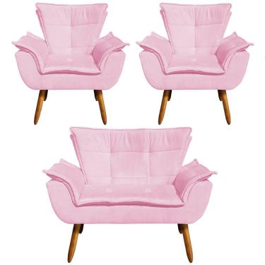 Imagem de Conjunto 2 Poltronas E 1 Namoradeira Pés Palito Charger Suede Rosa G19 - Gran Belo