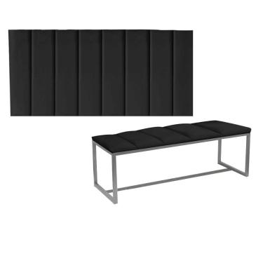 Imagem de Kit Painel Carla E Calçadeira Industrial 160cm Queen Size Box Ferro Prata Sintético Preto
