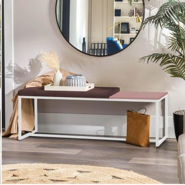 Imagem de Banco Recamier Puff 160cm Industrial Branco Suede Marrom Tampo Quadrado Mdf Rose
