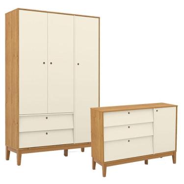 Imagem de Cômoda Sapateira E Guarda Roupa Unique 3 Portas Freijó Off White Eco Wood - Matic