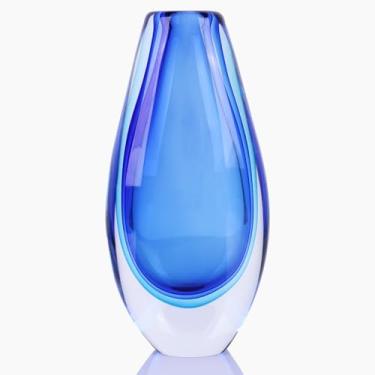 Imagem de Vaso de arte de vidro soprado à mão, vaso decorativo exclusivo de vidro azul, decoração de prateleira para decoração de casa, sala de estar, suporte de TV, mesa de café, escritório, mesa de casamento