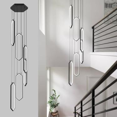 Imagem de FDPBY Lustre Preto Moderno Com 6 Anéis, Luminária Pendente Retangular De 84 W, Led Para Sala Estar, Hall Entrada, Suspensa Teto Alto, Jantar