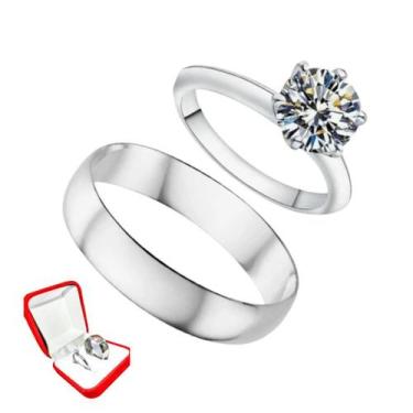 Imagem de Aliança Lisa Compromisso Prata 8mm + Anel 2mm Solitario Pedra Branca -